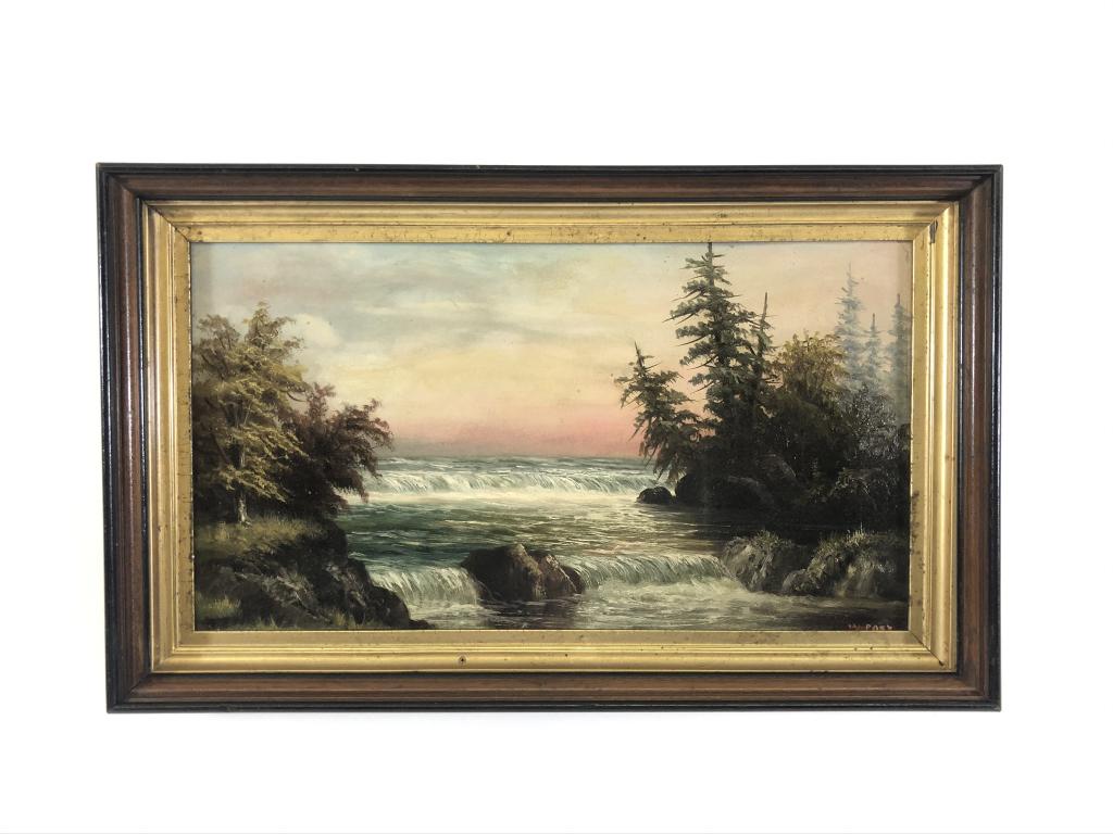 William Merritt Post (1856-1935) Oil on Board: Painting of waterfalls. Overall size 22 inches x 13 1/2 inches. Sight size 18 1/2 inches x 10 inches. Signed lower right.