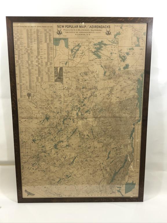 1902 Map of the Adirondack Park by Edgar Blankman: Professionally framed in a mission oak frame. Map has some creases, holes and discoloring. Overall size 42 3/4 inches x 60 inches.