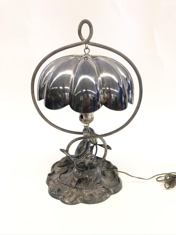 Pairpoint Silver Plated Water Lilly Table Lamp: signed, shade is 8 1/2 inches in diameter, 15 inches tall.