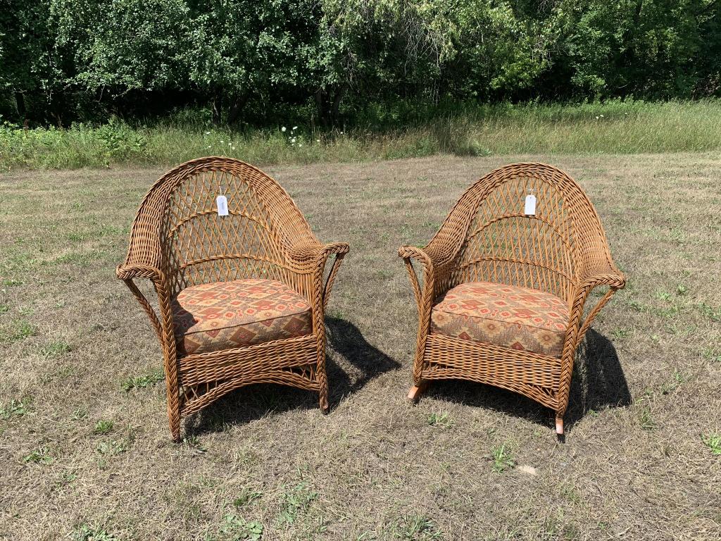 Bar Harbor Wicker Arm Chair and Rocker: natural finish, newly upholstered cushions, excellent condition, circa 1900. height of chair is 35 1/2 inches.