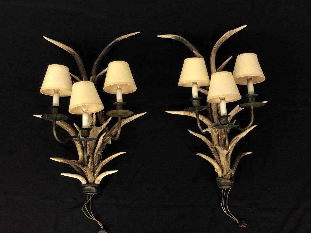 Matched Pair of 3 Arm Antler Wall Sconces: Approximately 28 inches tall. Fine quality, hand made. From a camp on Mount Arab Lake in the Adirondack Mountains.