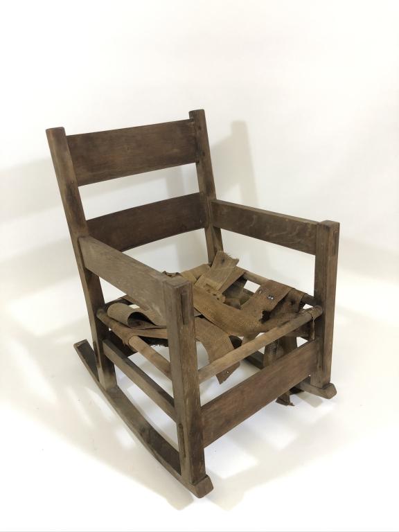 Rare Gustav Stickley Thornden Model No 2637 Rocker: Dry original untouched finish. Signed with large red decal. Loose burlap seat strapping, through mortised and pegged construction. Originally from the Alson Clark Summer Home on Comfort Island in the 