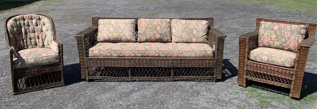 3 Piece Gustave Stickley Wicker Porch Set: originally purchased in Manhattan and owner was told that this set came from Stickley Farms in New Jersey. Cushions were reupholstered some time ago with William Morris fabric. Set is very sturdy and