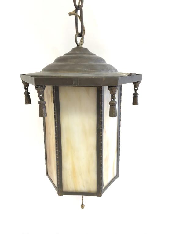 Arts & Crafts 6 Panel Pendant Light: made of Brass & Carmel Slag with pull cord and ceiling cap. Hangs 21 inches from ceiling.