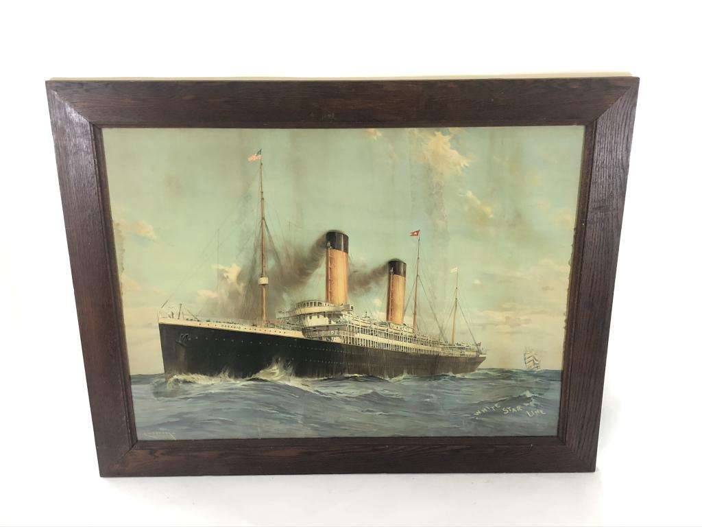 Oceanic "The White Star Line" Vintage Cruise Ship: Framed lithograph by C.M. Padday. Solid oak frame. Some water damage and condition issues. Overall size 37 inches x 47 inches.