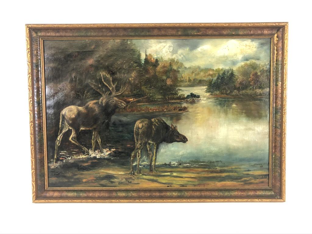 Moose Painting Oil on Canvas: signed CMR. Some crackling . Overall size 35 1/2 inches x 25 inches. Sight size 31 1/2 inches x 20 3/4 inches.