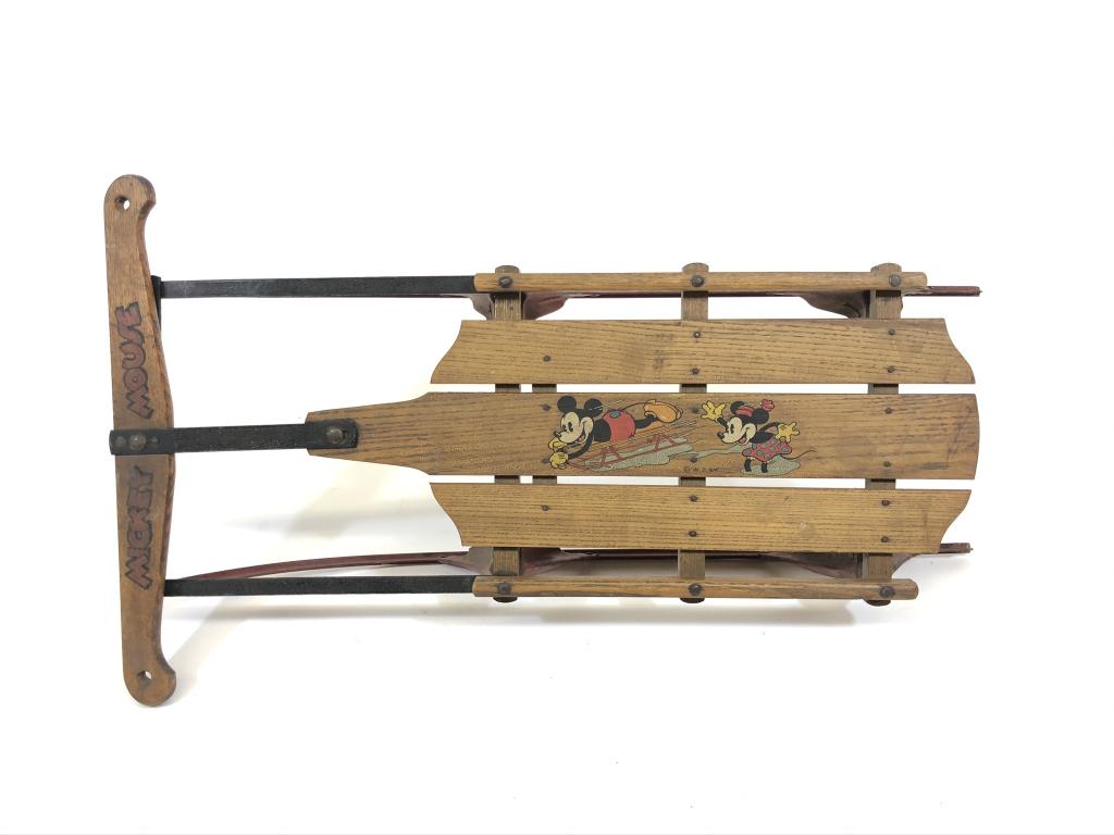 Rare Mickey Mouse Runner Sled No. 90-J: Made in U.S.A. by S.L. Allen & Co. Inc Phila. PA Manufacturers of The Flexible Flyer Sled and Planet Jr. Farm & Garden Tools. 32 inches long. Original condition. Mickey Mouse stenciling in excellent s