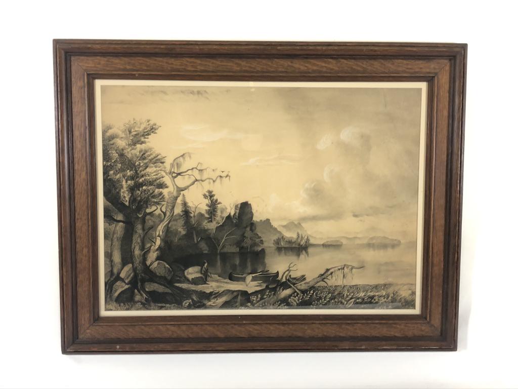 Lake George Charcoal Painting: framed and matted in a quarter sawn oak frame. Unsigned. Overall size 29 1/2 inches x 37 1/2 inches. Paper has a large repair on the right side as well as some water spots in the upper left sky and a 