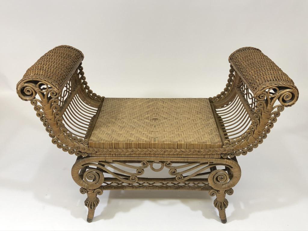 Heywood Wakefield Wicker Window Seat: natural finish with original paper label. 38 inches wide x 26 inches to top of arm x 16 inches deep and the seat is 17 inches high. Very good condition but not perfect.