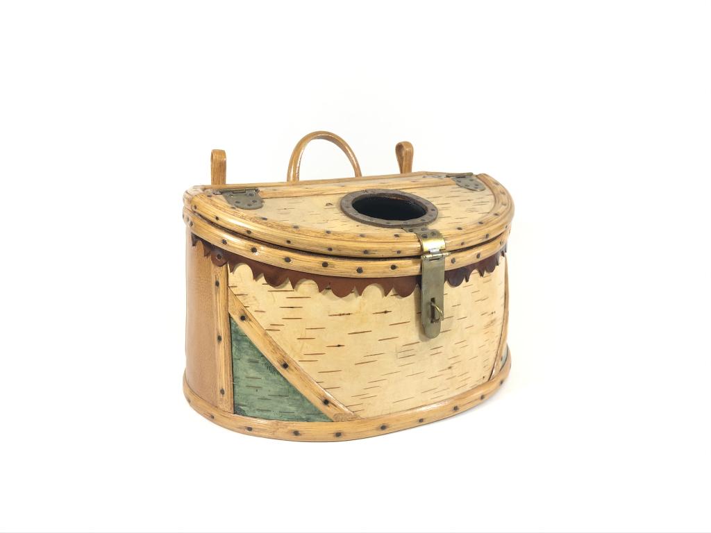 Joe E. Neale Fishing Creel: Woolwich, Maine, custom made, center hole, brass hardware, 12 inch creel, with brown leather and birch bark accents.