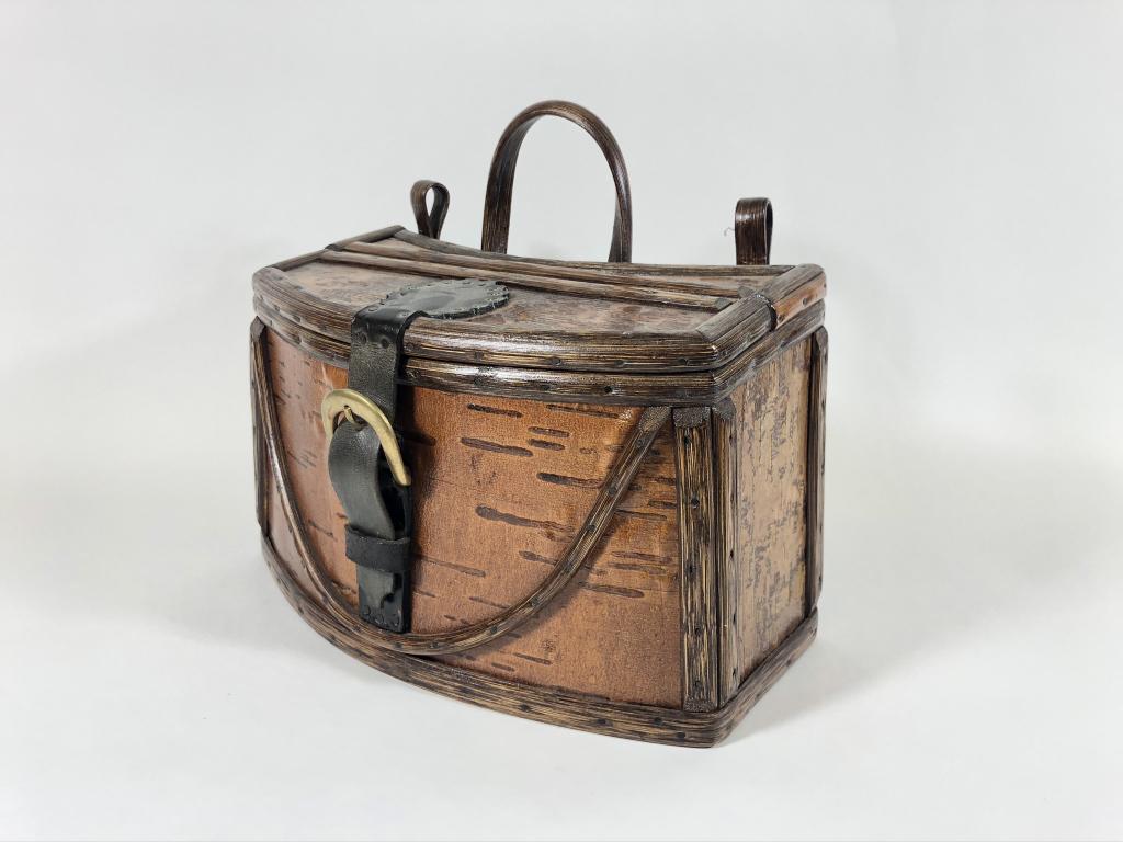 Joe E. Neale Fishing Creel: Woolwich, Maine, custom made, brass buckle, 11 inch creel, leather strap and stained birch bark.