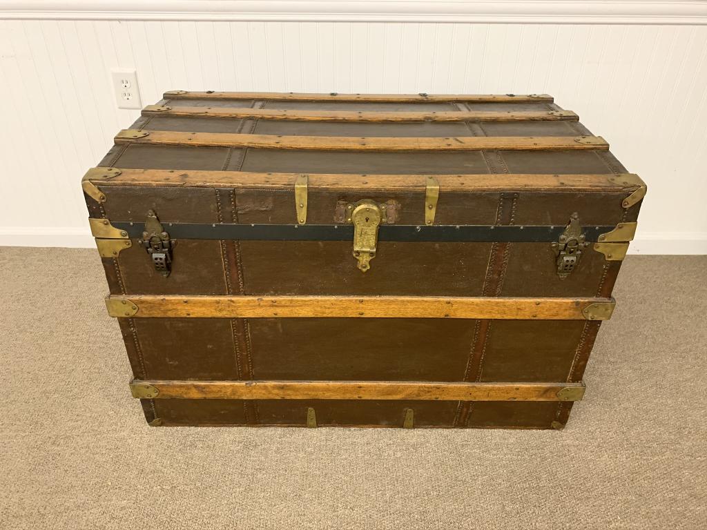 Large Vintage Storage Trunk: with initials AWG NY. Initials of Anna Gerster. Trunk came from Dr. Arpad Gersters Great Camp Kwenogamac. 23 inches x 40 inches x 27 inches. It is in very good condition.