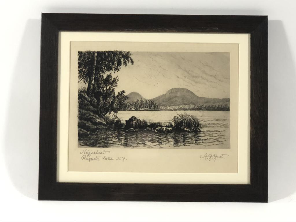 Arpad G. Gerster Etching -Niggerhead Raquette Lake: This is an original copper plate etching signed lower right in pencil Arpad G. Gerster. This etching originally hung in Great Camp Kwenogamac in Long Lake, NY. The original camp of Dr. Arpad Gerster.