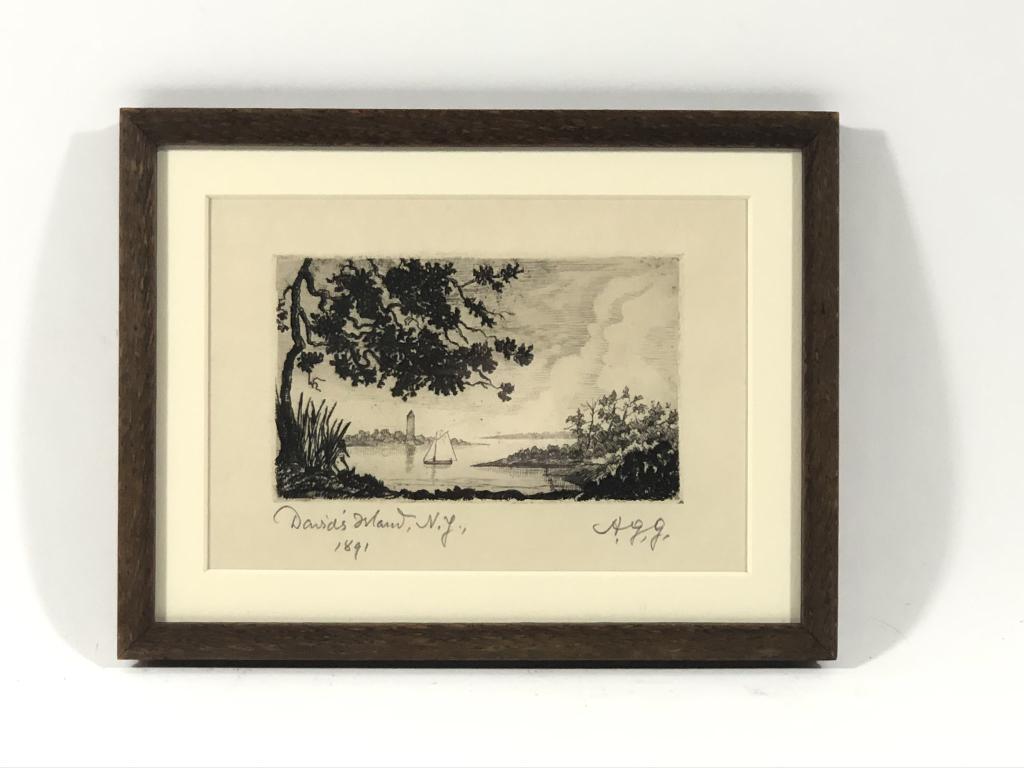 Arpad G. Gerster Etching "David's Island, NY": This is an original copper plate etching signed lower right in pencil A.G.G. This etching originally hung in Great Camp Kwenogamac in Long Lake, NY. The original camp of Dr. Arpad Gerster. Very few of