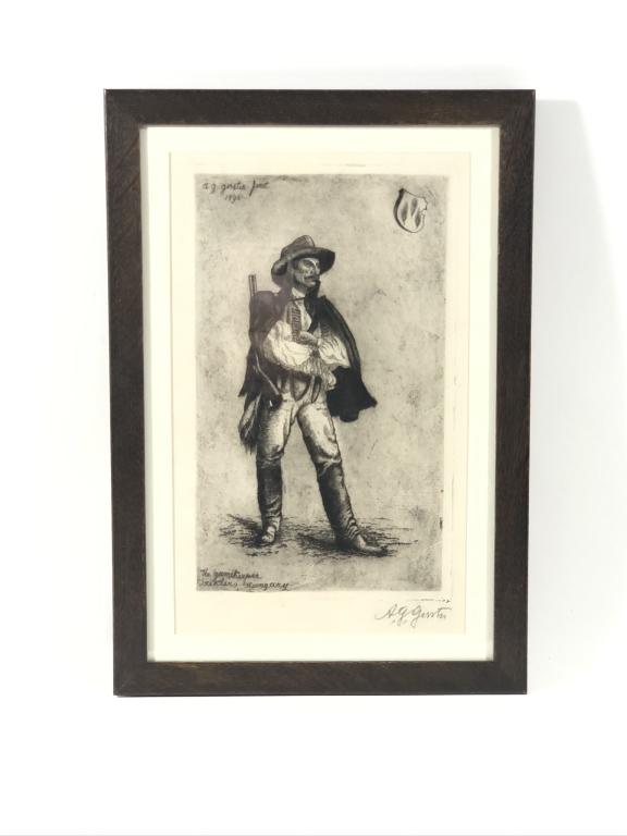 Arpad G. Gerster Etching "The Game Keeper": This is an original copper plate etching signed lower right in pencil A.G. Gerster. Dated 1893. This etching originally hung in Great Camp Kwenogamac in Long Lake, NY. The original camp of Dr. Arpad G
