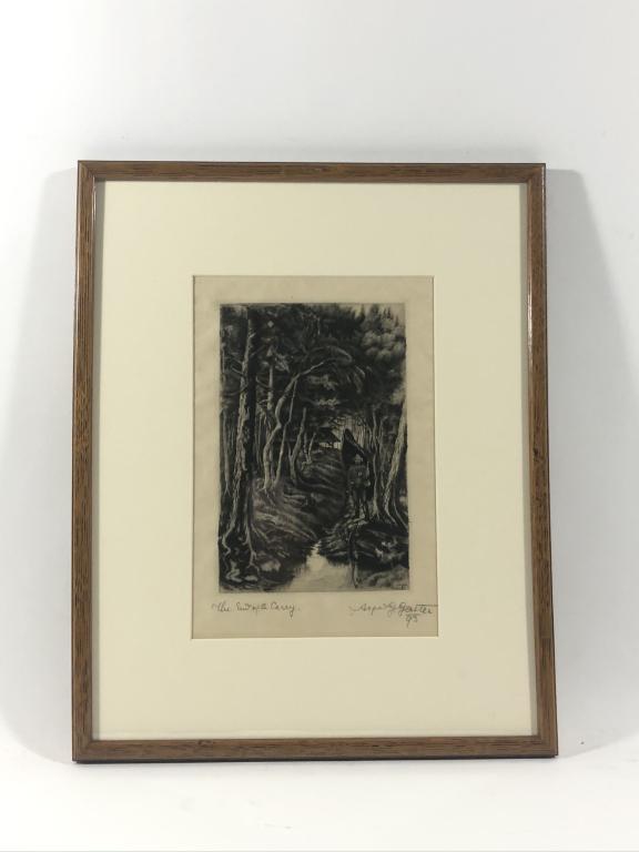 Arpad G. Gerster Etching "The End of the Carry": This is an original copper plate etching signed lower right in pencil Arpad G. Gerster 93. This etching originally hung in Great Camp Kwenogamac in Long Lake, NY. The original camp of Dr. Arpad Gerste