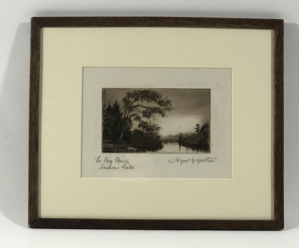 Arpad G. Gerster Etching "The Big Birch": This is an original copper plate etching signed lower right in pencil Arpad G. Gerster. This etching originally hung in Great Camp Kwenogamac in Long Lake, NY. The original camp of Dr. Arpad Gerster.