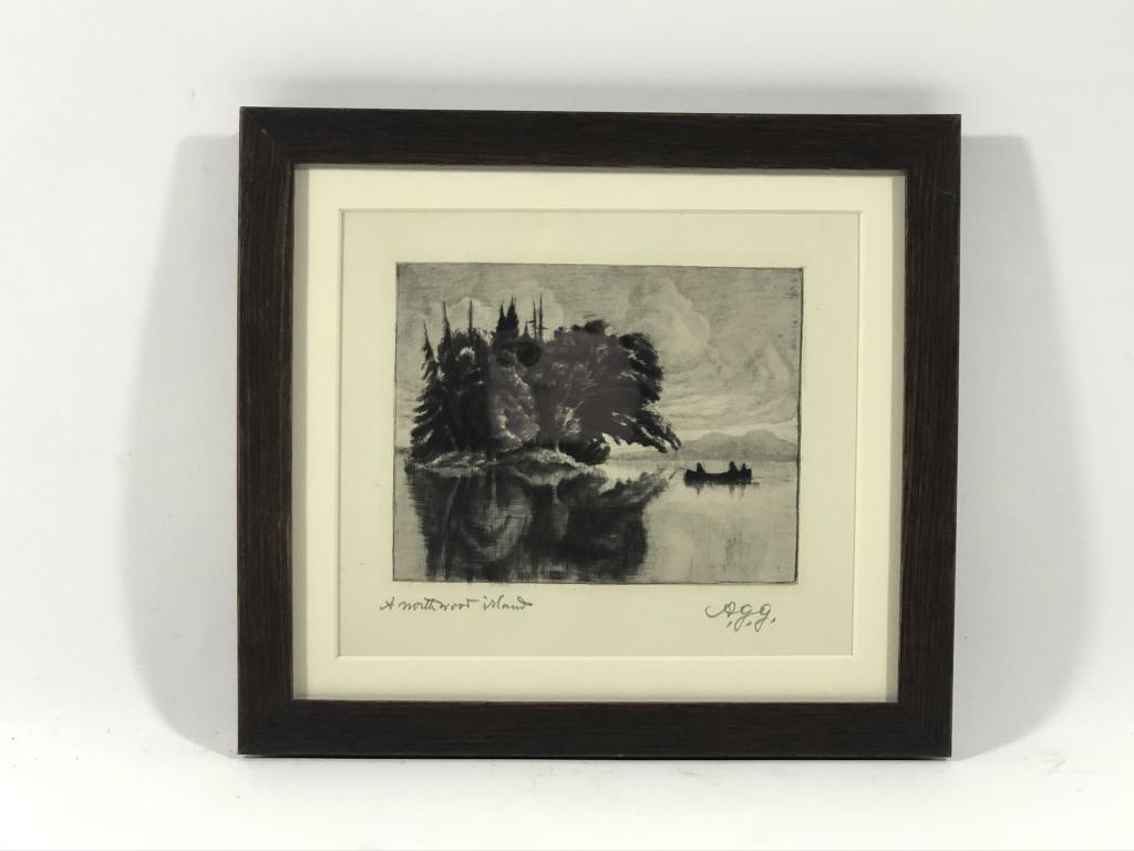 Arpad G. Gerster Etching "A Northwood Island": This is an original copper plate etching signed lower right in pencil A .G.G. This etching originally hung in Great Camp Kwenogamac in Long Lake, NY. The original camp of Dr. Arpad Gerster. Very few o