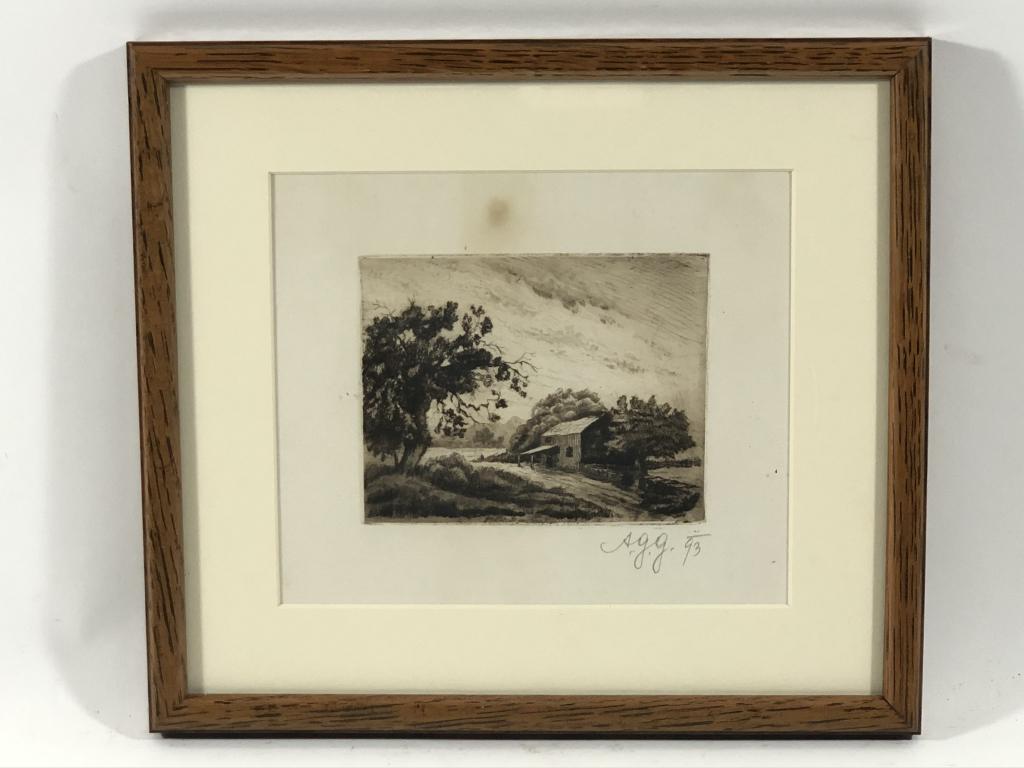 Arpad G. Gerster Etching of Barn & Stonewall Fence: This is an original copper plate etching signed lower right in pencil A.G.G 93. This etching originally hung in Great Camp Kwenogamac in Long Lake, NY. The original camp of Dr. Arpad Gerster. Very few