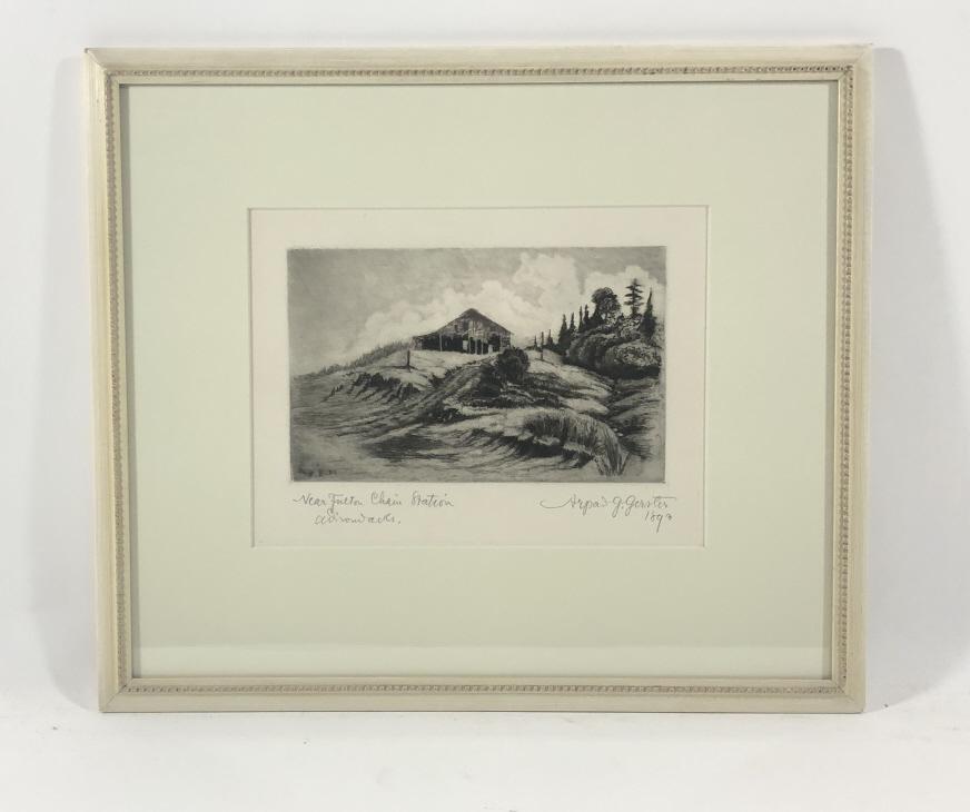 Arpad G. Gerster Etching-Near Fulton Chain Station: This is an original copper plate etching signed lower right in pencil Arpad G. Gerster 1893. This etching originally hung in Great Camp Kwenogamac in Long Lake, NY. The original camp of Dr. Arpad Gers