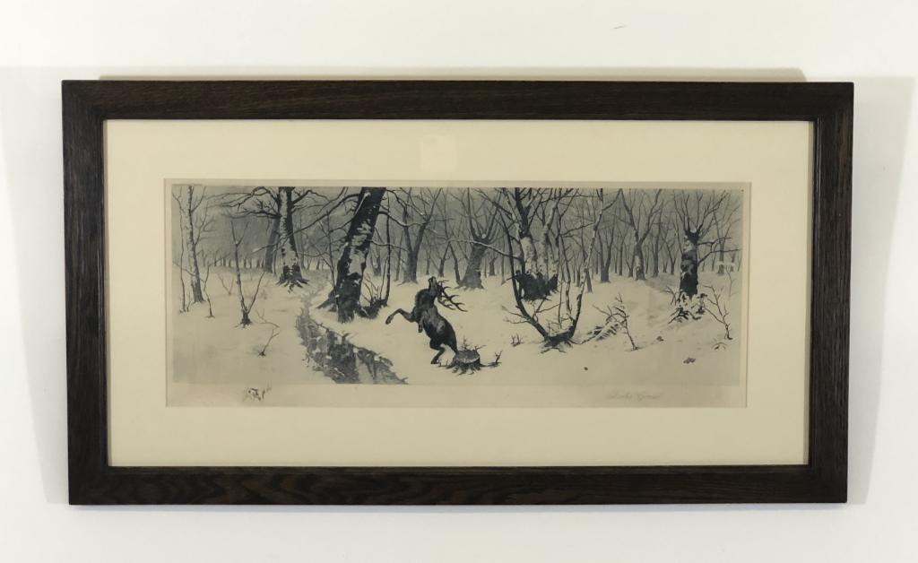 Charles Gondell Lithograph German Hunting Scene: black & white lithograph with Elk, professionally framed and matted in an oak frame. Originally from Great Camp Kwenogamac, Long Lake, NY. Overall size 16 inches x 29 1/2 inches