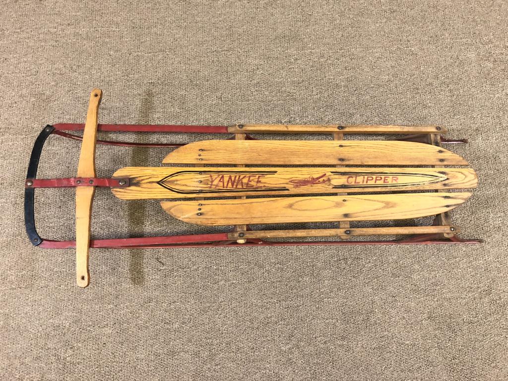 Yankee Clipper Runner Sled Model No. 13: made by S.L. Allen & Co. Inc. Phila. PA. 49 inches long. Stenciling in good condition with airplane.