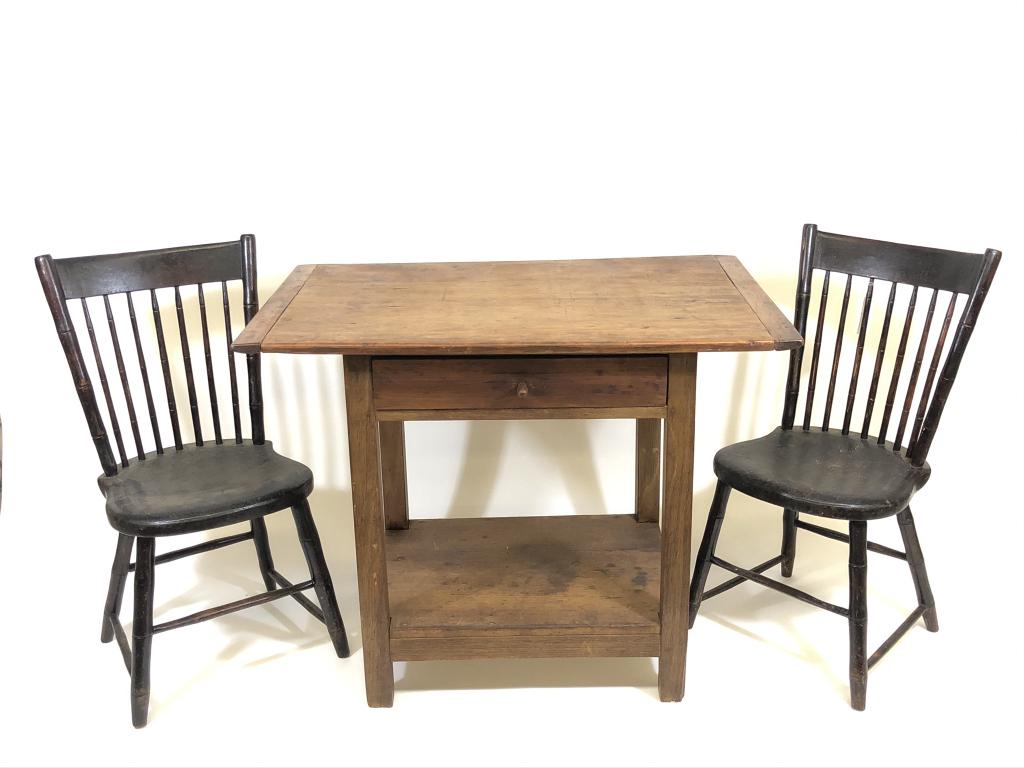 Country Tavern Table with 2 Chairs: natural finish, single drawer with breadboard top, dovetailed drawer, wooden pegged construction, lower shelf and a pair of Pennsylvania plank bottom side chairs. Table measures 24 inches x 39 inches