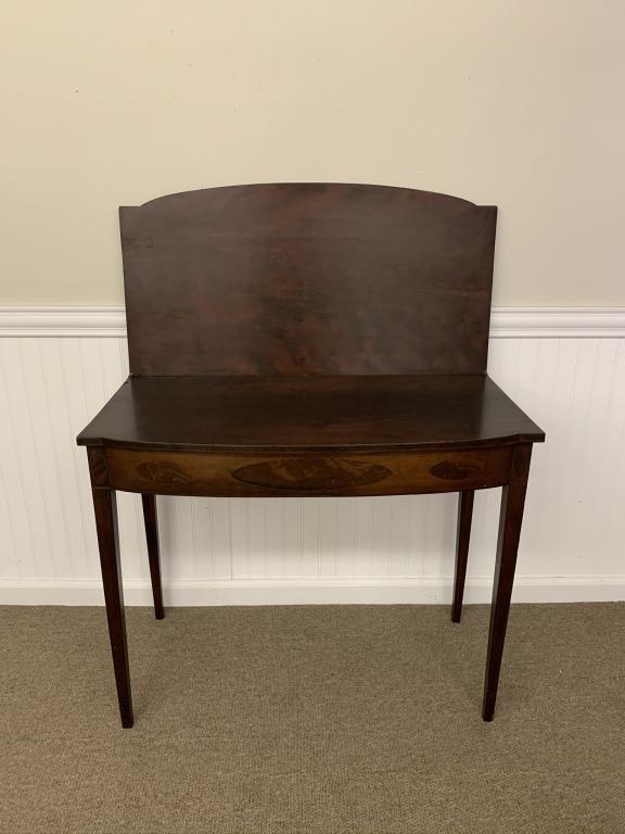 Inlaid Federal Cherry Vermont Card Table: oval inlay, Hepplewhite tapered legs and flip top. 35 inches wide x 18 inches deep x 29 inches tall.