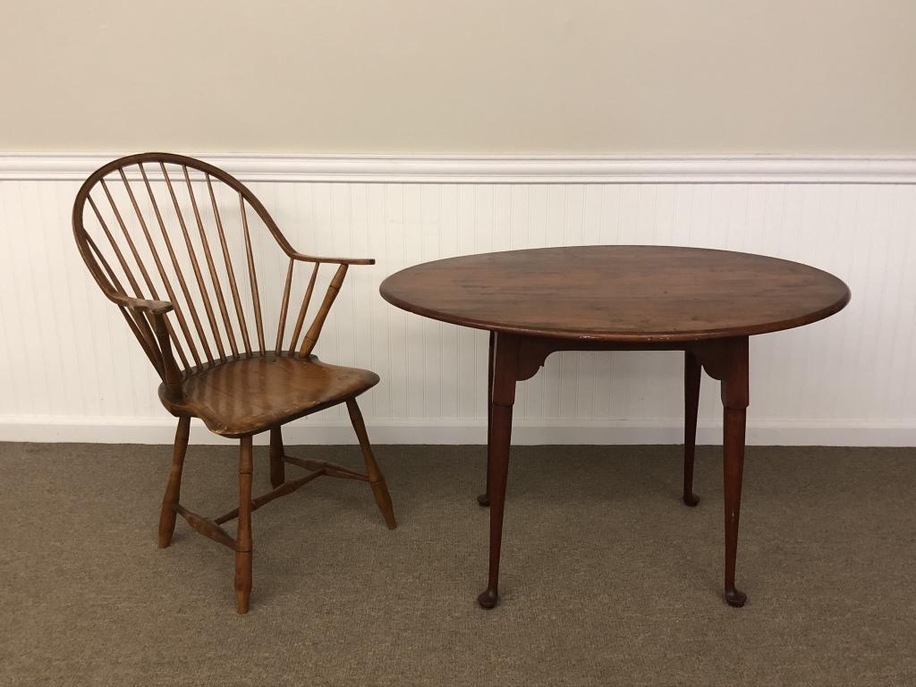 Queen Anne Tavern Table w/ Continuous Arm Windsor: Tavern table is 27 inches tall x 28 1/2 inches wide x 41 inches long. Made of Cherry. From the Connecticut River Valley. Chair has a 17 inch high seat and 36 inches tall.
