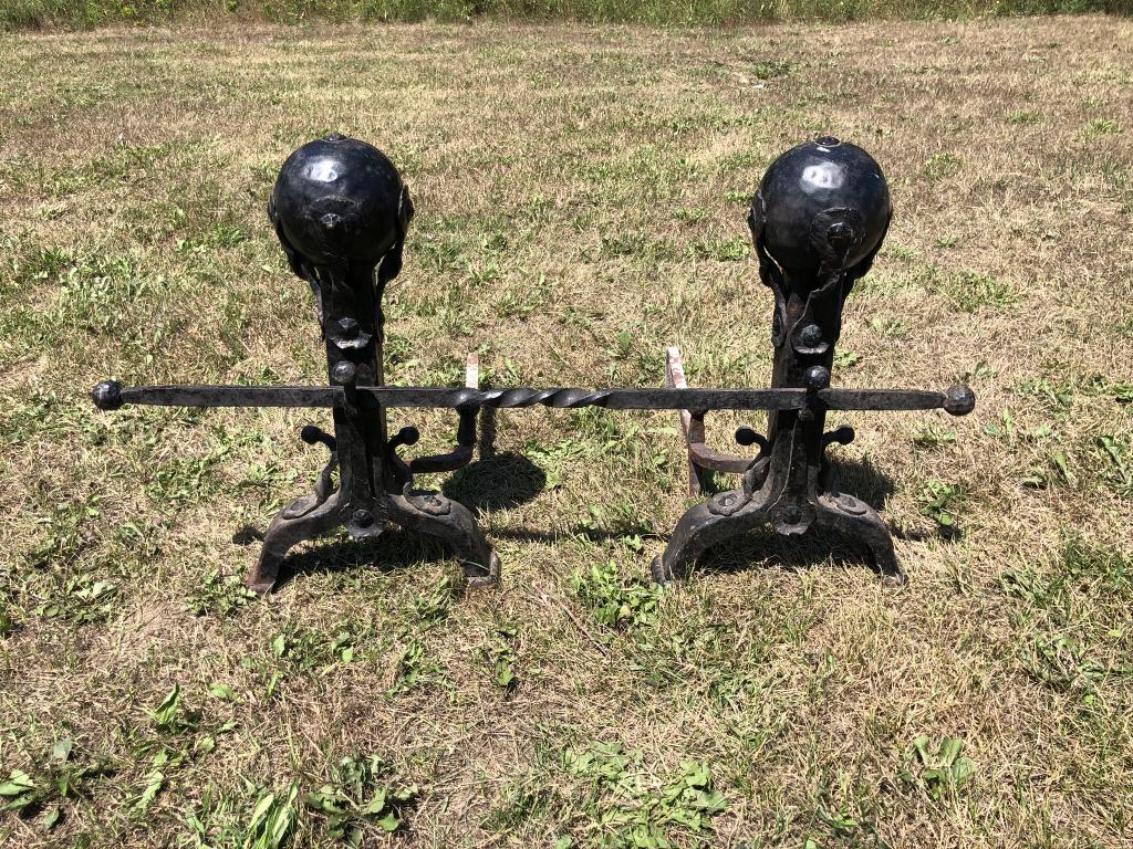 Massive Pair of Hand Forged Iron Andirons: Stands 25 inches tall. From a home in Lake Placid.