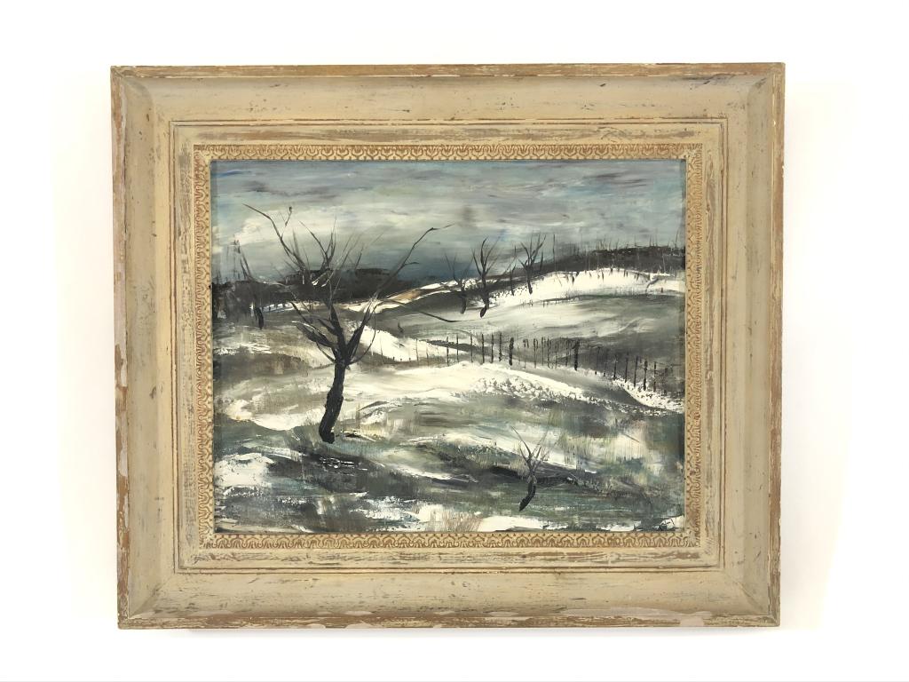 William Thon Winter Scene Oil on Canvas Painting: marked on back of stretcher: Dorothy Stradling and William Thon. Overall size 21 inches x 25 inches. Sight size 14 1/2 inches x 18 1/2 inches. From a camp on Mount Arab Lake in the Adirondack Mountain