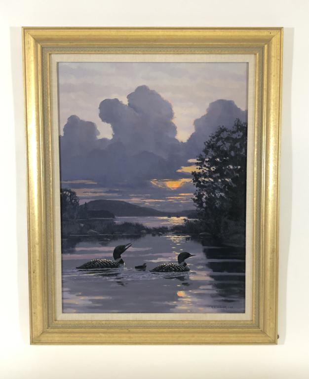 Robert Sleicher Loon Oil Painting: family of loons, Cranberry Lake, Adirondacks. Overall size 24 inches x 30 inches. Sight size 17 1/2 inches x 23 1/2 inches. On Masonite