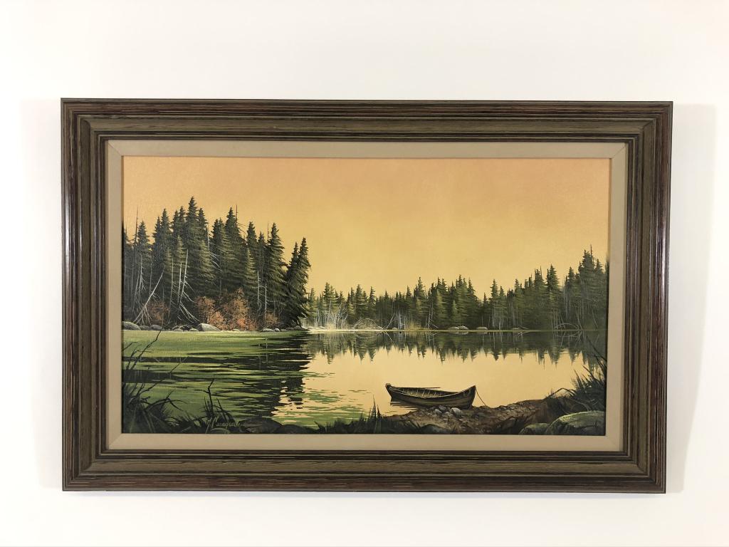 Gary Casagrain Original Oil on Canvas Painting: of Adirondack pond with guideboat. Overall size 22 inches x 34 inches. Sight size 16 inches x 28 inches. Originally purchased at his art gallery in Tupper Lake, NY.