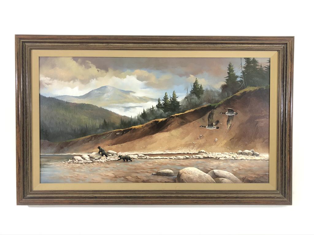 Gary Casagrain Original Oil on Canvas Painting: Mountain scene with bears, river bed and flying geese. Adirondack artist, Tupper Lake, NY. Overall size 25 1/2 inches x 42 inches. Sight size 19 1/2 inches x 35 1/2 inches