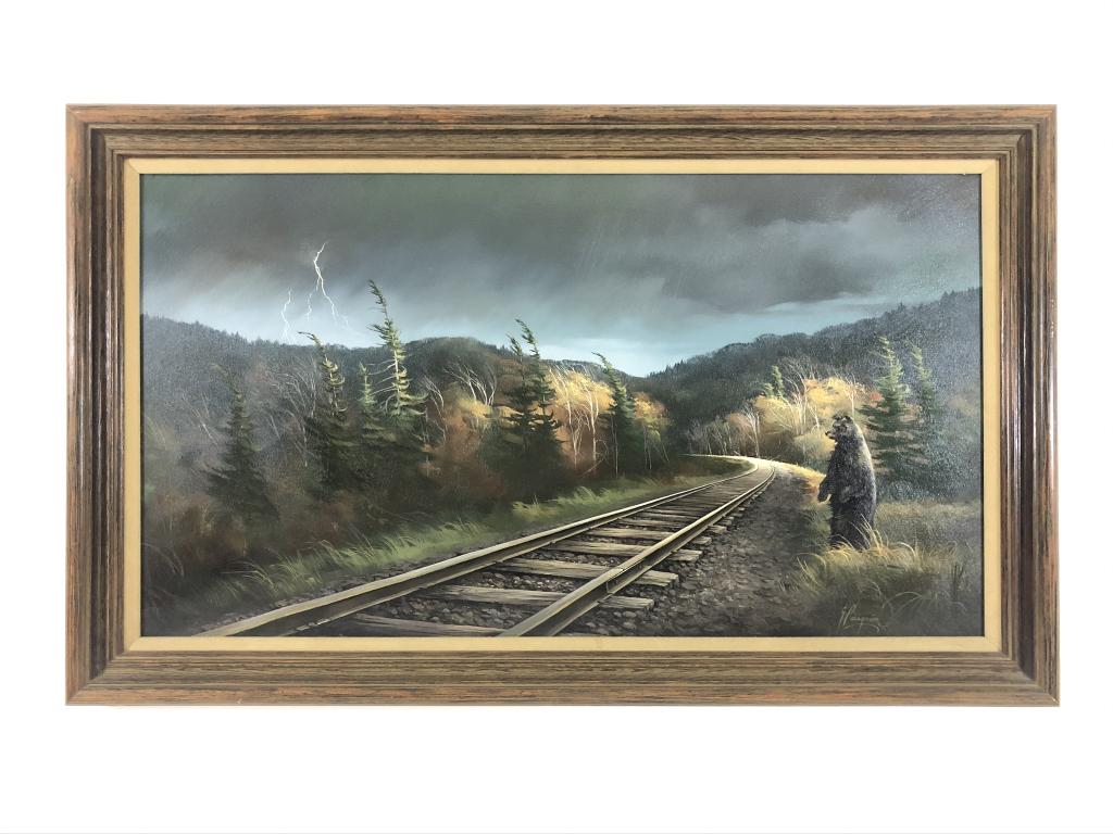 Gary Casagrain Original Oil on Canvas Painting: bear along the railroad tracks during lightning storm. Adirondack artist, Tupper Lake, NY. Overall size 24 3/4 inches x 40 3/4 inches. Sight size 19 1/2 inches x 35 1/2 inches.