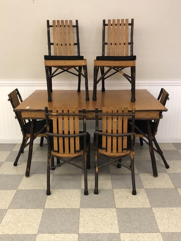 Oak & Hickory Adirondack Style Dining Room Set: Table with 6 chairs. Table measures 40 inches x 56 inches x 30 inches