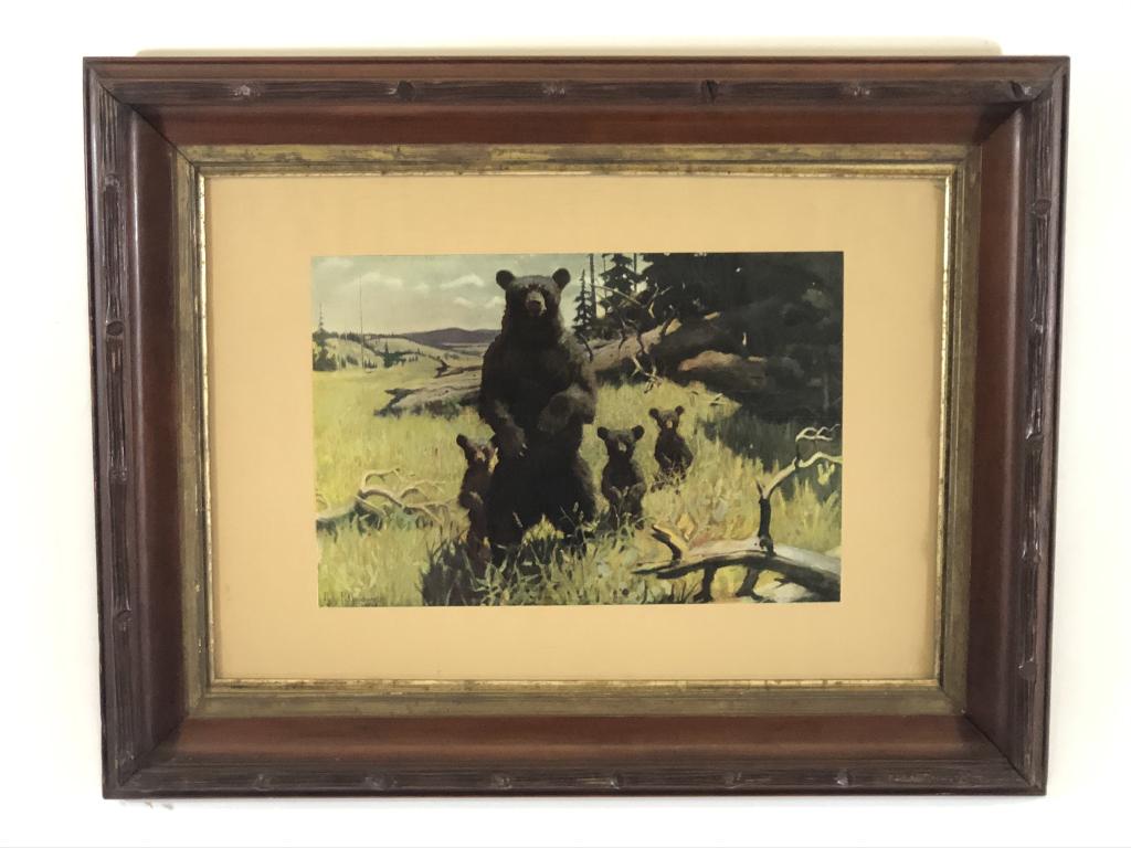 Philip Goodwin Lithograph - Black Bear & 3 Cubs: in a rustic carved walnut frame. Overall size 21 inches x 27 inches.