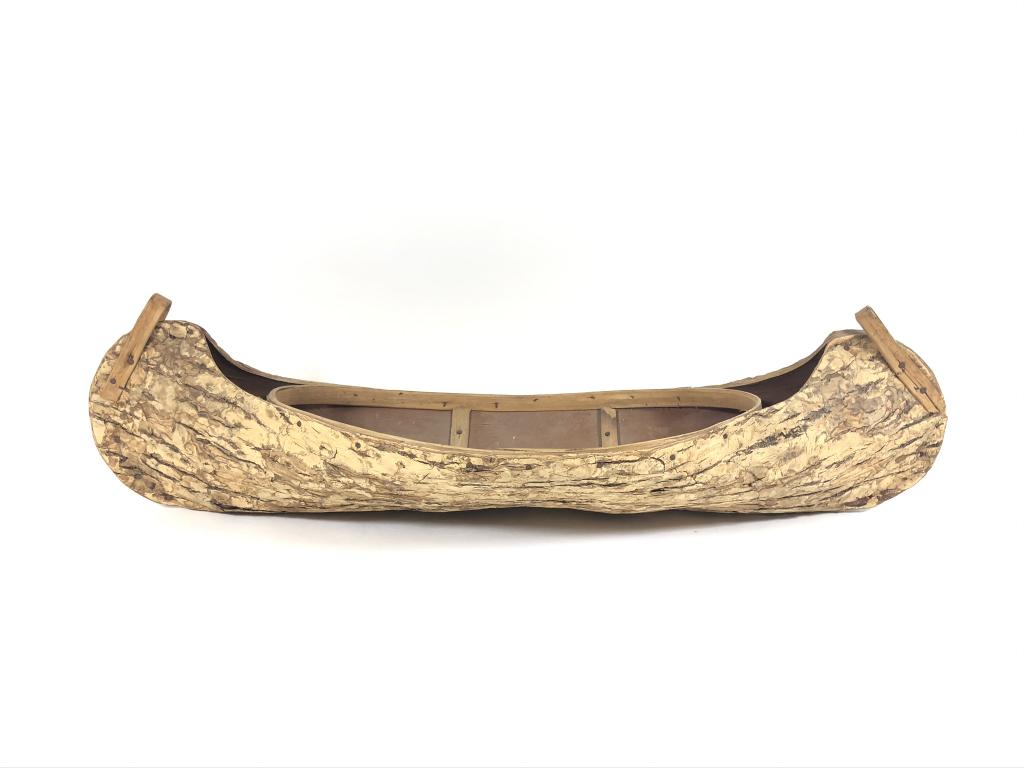 Elm Bark Souvenir Canoe: 23 inches long, 8 1/2 inches wide. Solid and in good condition.