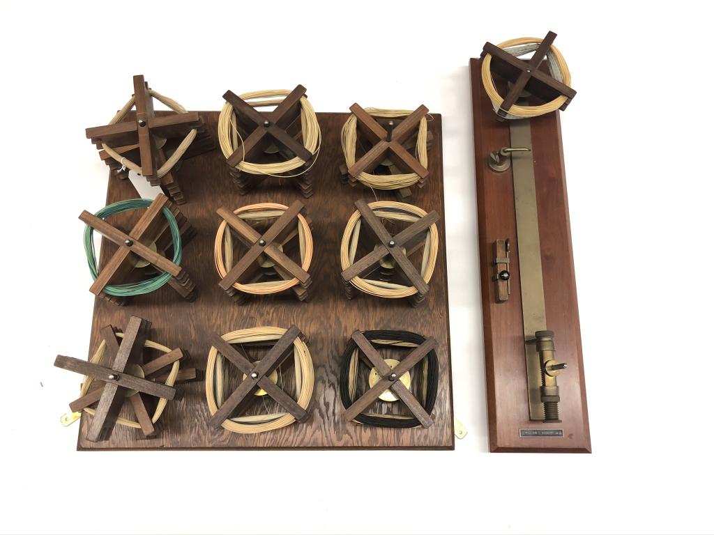 Custom Brass & Cherry Fly Line Winder: comes with numerous walnut reels with fly line. Label (owner or maker's name) "William C. Siebert Jr." 28 1/4 inches long x 6 1/2 inches wide. Quality Custom made.