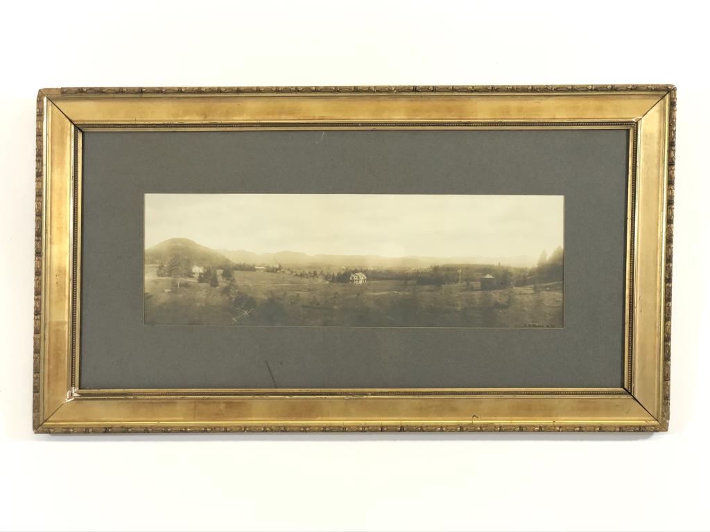 Lake Placid NY Panoramic Black & White Photo: showing Signal Hill off in the distance. Marked C.D. Moses & Co. Framed and matted. Overall size 16" x 30". Sight size 6 3/4 inches x 19 3/4 inches. The frame is loose and needs repair.