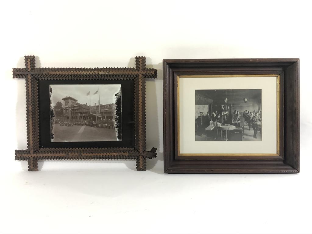 2 Lake Placid Black & White Framed Photos: Reprinted Photo of The Lake Placid Club Fire Dept in a tramp art frame, approximately 12 x 16. Black & White vintage photo believed to be a classroom at Northwood Prep School. Overall size 15 1/2 x 18