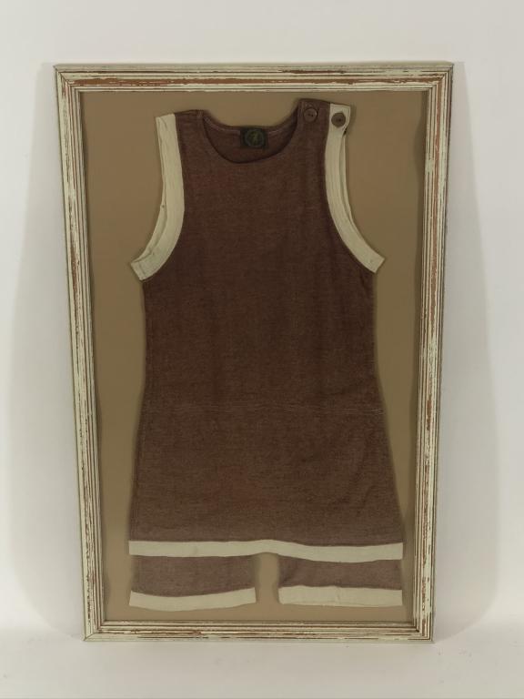 Men's 1920's 2 Piece Swimsuit: made by Hygienic Company, Philadelphia, PA. Framed under glass. 21 1/2 inches x 34 1/2 inches
