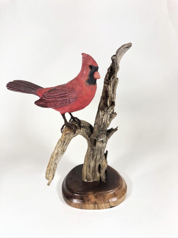 Norman Vezeau Hand Painted & Carved Cardinal: on a driftwood branch, in excellent condition, dated 2012. Wells, Maine. 12.5 inches tall.
