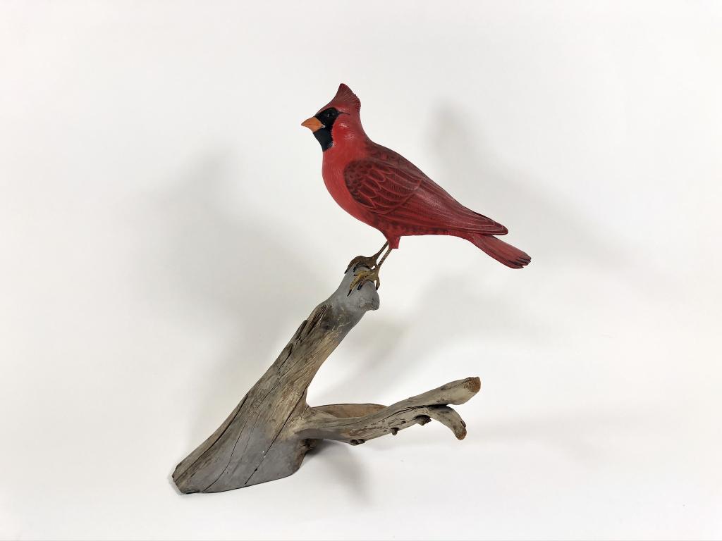Harry Ross, Norway, Maine, Cardinal: on driftwood, signed on base, 11 inches tall.