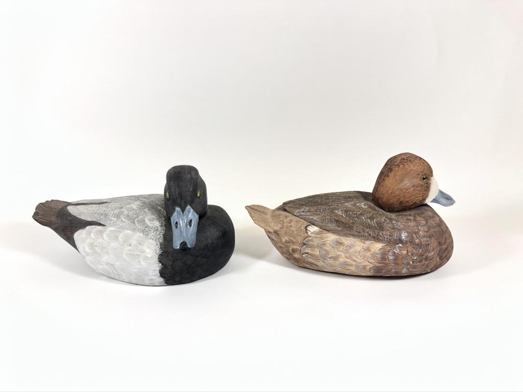 Larry Miller Hen & Drake Bluebills: hand carved and painted. Umbagog Lake Decoys from Errol, NH. Dated 1990. Decoratives.