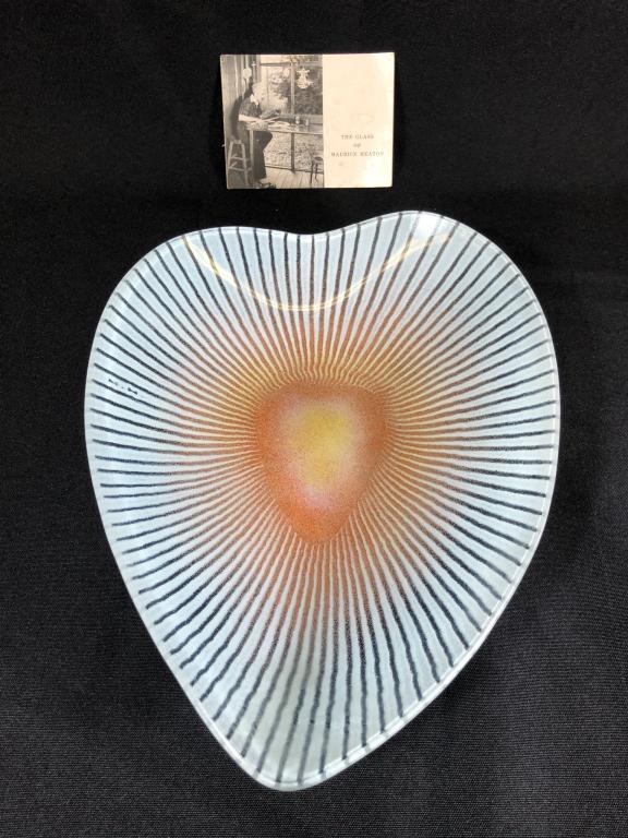 Maurice Heaton Modern Art Glass Heart Shaped Bowl: 10.5 inches long. With original pamphlet.