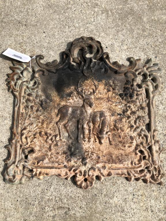 Cast Iron Fire Plaque with Deer: Measures 19 inches tall x 21 inches wide. From a camp on Mount Arab Lake in the Adirondack Mountains.