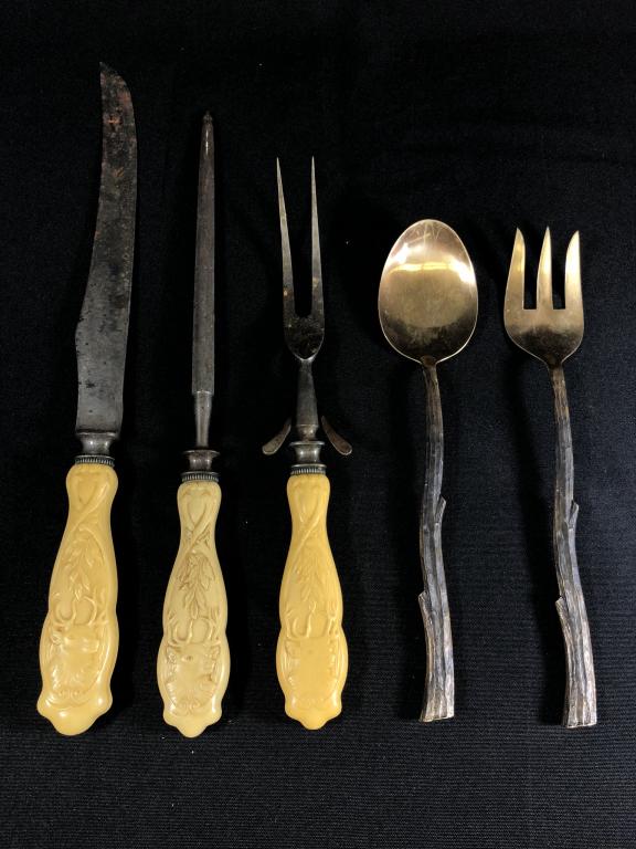 Stag Handled Cutlery Set & Salad Serving Set: vintage cutlery set along with a bronze branch handle salad serving fork and spoon. From a camp on Mount Arab Lake in the Adirondack Mountains.