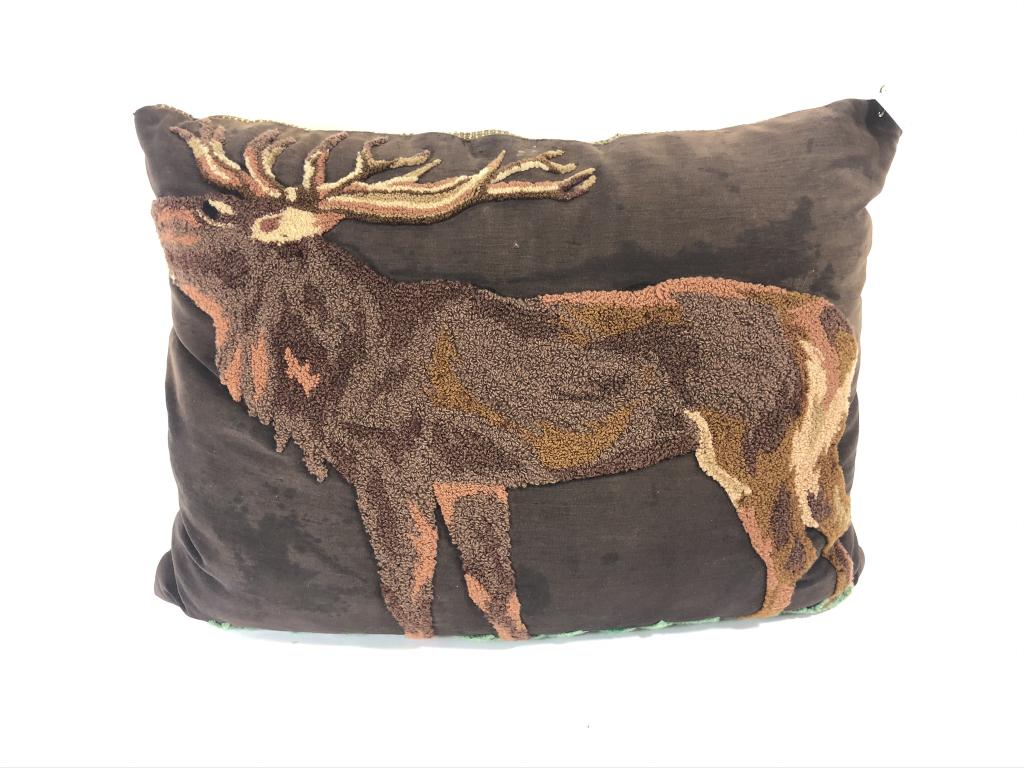 Vintage Handmade Elk Pillow: 16 inches x 22 inches. From a camp on Mount Arab Lake in the Adirondack Mountains.