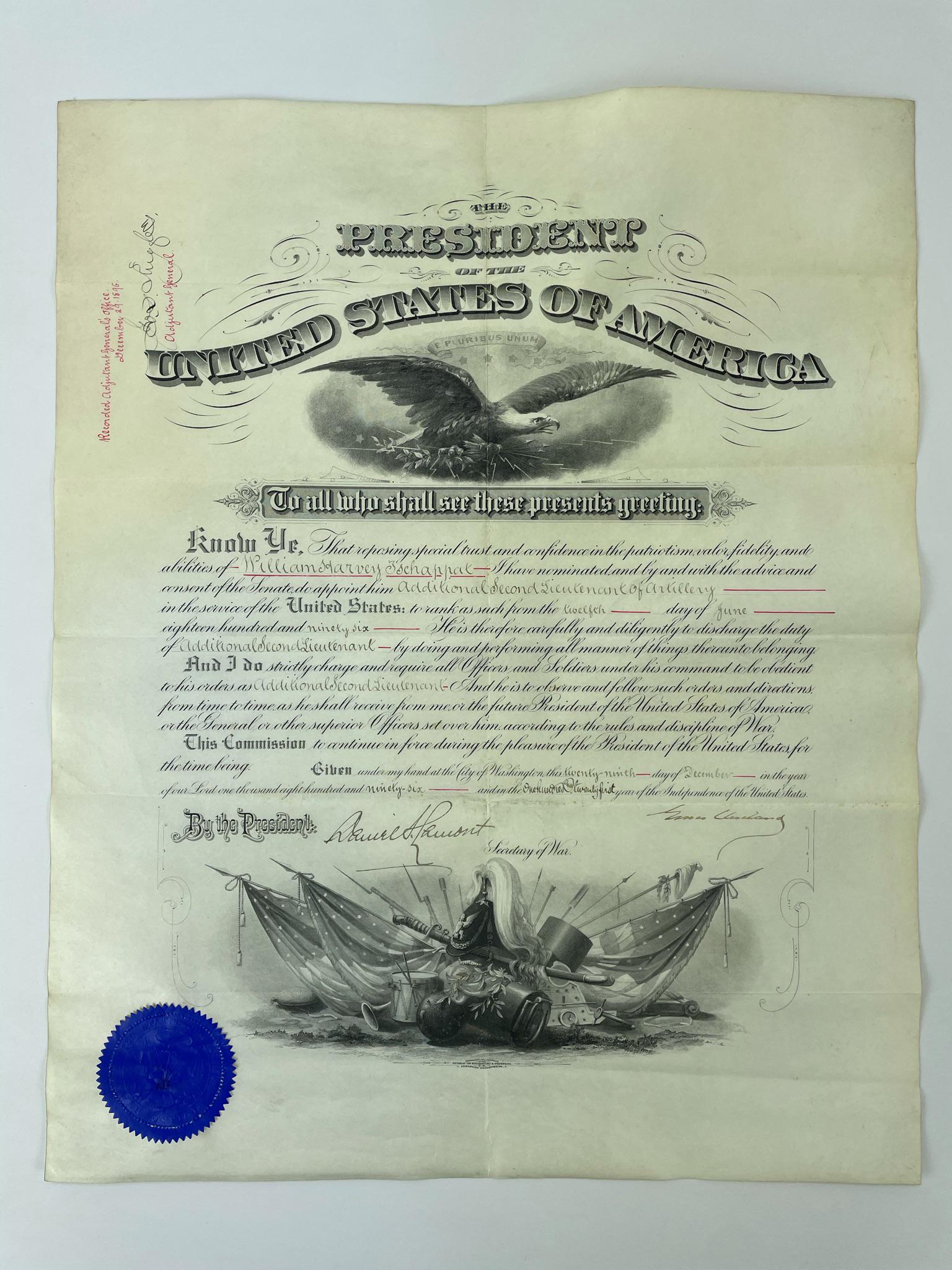 Grover Cleveland Signed Military Appointment: Dated December 29, 1896. Also signed by the Secretary of War Daniel S. Lamont. Presidential military appointment of William Harvey Tschappat to Additional Second Lieutenant of Artillery. Printed and s